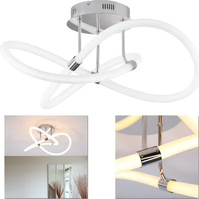 A collage of images showing a modern LED ceiling light with a twisted design, including a close-up of the fixture and a lifestyle shot in a room.