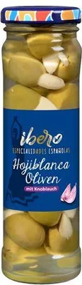 Produktbild von Ibero Grüne Hojiblanca Oliven mit Knoblauch 75 G Glas Vegan Glutenfrei Fein und pikant