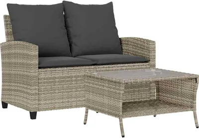Produktbild von vidaXL Gartensofa 2-Sitzer mit Kissen & Tisch Hellgrau Poly Rattan