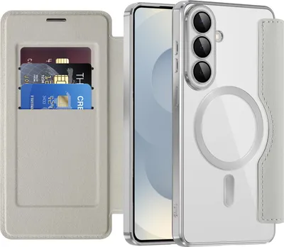 Obrázek produktu pro Pouzdro pro Samsung Galaxy S26+ kompatibilní s MagSafe, průhledné pouzdro s držákem karet, kožené pouzdro s ochranou kamery Stříbro