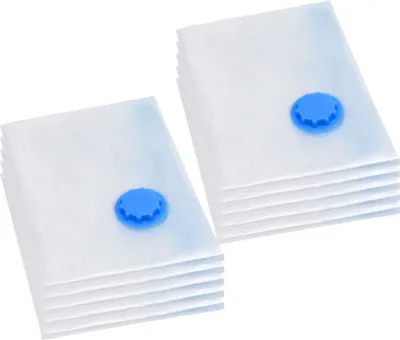 Two stacks of vacuum seal storage bags with blue valves, presented on a white background.