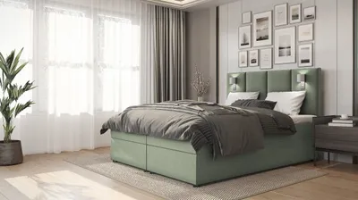 Obrázok produktu pre PREDAJ LEADER posteľ LONDON 140x200 cm čalúnená posteľ s dvoma zásuvkami, kompletná súprava s matracom a topperom (4 cm), olivová, látka na posteľ INARI 34
