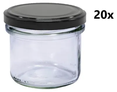 A clear glass jar with a black lid, shown from the front.