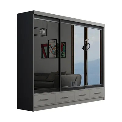 Produktbild von Schiebetürenschrank 250 cm mit Spiegeln und vier Schubladen, Kleiderschrank mit 3 Schiebetüren, Lieferung bis in die Wohnung (Farbe: Grau)