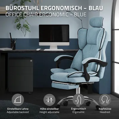 Obrázek produktu pro Kancelářská židle ML-Design ergonomická modrá, herní židle s vysokým opěradlem, otočná židle s podnožkou, polštářem a opěrkou hlavy