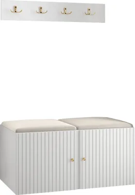 Produktbild von MIRJAN24 Garderoben-Set Orion Ryfel Slim VI, Schuhschrank, Kleiderhakenbrett, 2x Sitzpaneel 42x42, Metallgriffe, 4 Kleiderhaken (Farbe: Weiß, Manila 02)