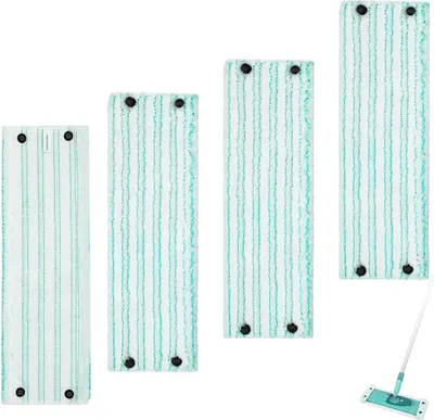Four microfiber mop pads are arranged in a row against a white background, with a partial view of a mop handle and head in the lower right corner.