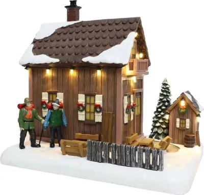 Produktbild von Holzchalet mit Wanderern mit LED Polyresin 25 cm Santaville