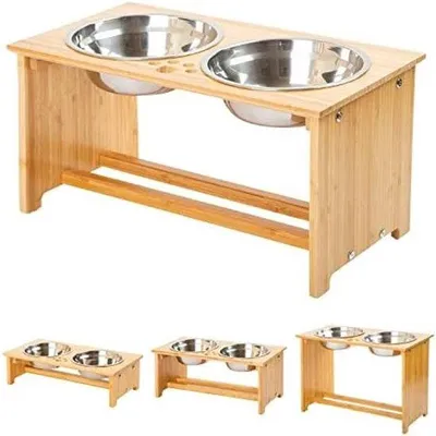 Produktbild von PolkaHome® Erhöhter Futternapf für Haustiere – Bambus-Futterstation mit 2 Edelstahlschüsseln, 50 x 26 x 25 cm, Braun