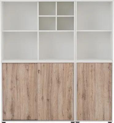 Produktbild von Aktenschrank Regal Kombination Büro BRAGA-80 in weiß mit Wildeiche Nb., B/H/T: ca. 151,1/167,2/41 cm