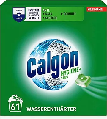 Produktbild von Calgon Hygiene+ Tabs – Schutz vor Kalkablagerungen und Schmutz – Wasserenthärter mit Hygieneschutz für die Waschmaschine – 2 x 61 Tabs