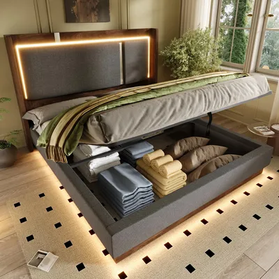 Produktbild von okwish Polsterbett 160×200 mit Bettkasten, Jugendbett mit LED und Lattenrost,Hydraulik, Doppelbett in Grau,ohne Matratze