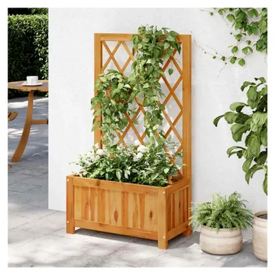 Produktbild von Hochbeet aus Akazienholz mit Spalier für Garten und Balkon, Pflanzkasten mit Rankgitter, 55x28x100 cm