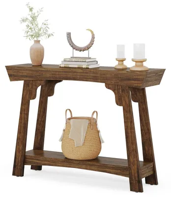 Immagine prodotto di Tavolino consolle da 105 cm con spazio contenitivo, tavolino d'ingresso in legno a due ripiani con scaffale, tavolino stretto per l'ingresso, il corridoio o il soggiorno, color marrone rustico