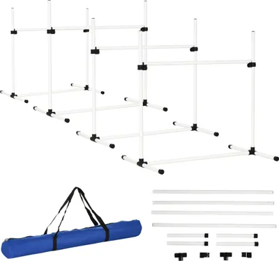 Image de Set d'entraînement Agility pour chiens - Haies sautantes - 4 pièces - Hauteur réglable - Plastique PE - 99 x 65 x 94 cm - Blanc