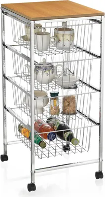 A kitchen trolley with four wire baskets filled with various items like mugs, a teapot, bottles, and jars.