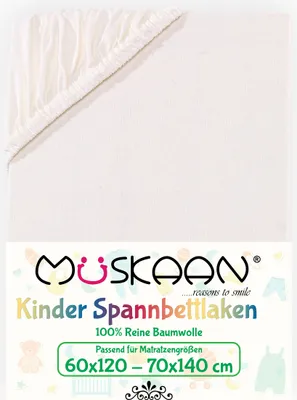Produktbild von Müskaan Kinder Spannbettlaken 100% Baumwolle Jersey, 135 g/m², natur, 60x120 - 70x140 cm, bis 12 cm Matratzenhöhe, mit Gummizug