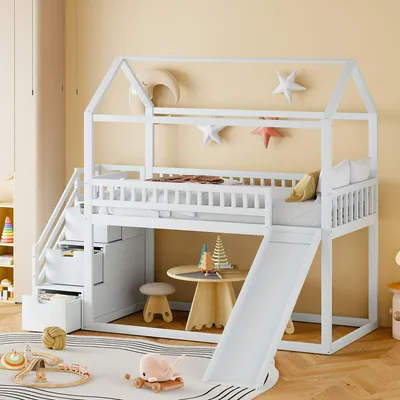 Produktbild von Odikalo Kinderbett Kinderetagenbett 90*200cm, mit Rutsche und Stauraumleiter, weiss