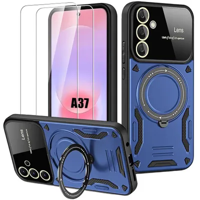 Image de Coque + 2 Verres Trempés pour Samsung Galaxy A37 5G, Antichoc avec Cercle Magnétique - Bleu Marine