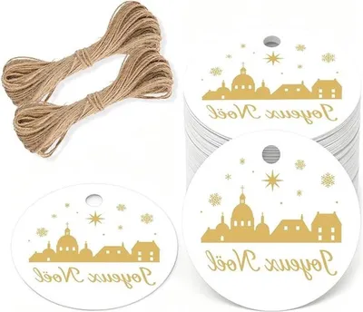 Weihnachtsbaum Geschenkpende mit Joyeux Noël: 5cm Papier Weihnachtsanhänger mit Schnur, 100 Stück weiße Etiketten für