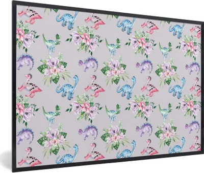 Produktbild von MuchoWow® Gerahmtes Poster Kinderzimmer - Dinosaurier - Grau - Mädchen - Kinder - Rosa 90x60 cm - Poster mit Schwarzem Bilderrahmen Wandposter Rahmen Foto Bilder - Fotorahmen - Foto-Plakat