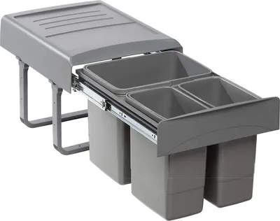 A pull-out trash sorting system with multiple bins.