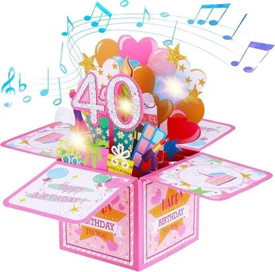 Produktbild von Allecto Plus – Geburtstagskarte zum 40. Geburtstag mit Pop-up-Effekt, Licht und Musik – 3D-Geburtstagskarten für Mama, Frauen und Männer – aufblasbare LED-Kerze