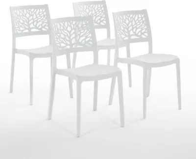 Produktbild von 4er-Set stapelbare Stühle aus Polypropylen mit Glasfasern für Außenbereich und Garten, Bar und Restaurant, Küche modernes Design - FLORA - Weiß