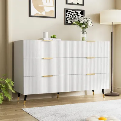 Produktbild von Sideboard - Kommode mit 6 Schubladen - 120 x 77 x 40 cm - Spanplatte - Minimalistisch-moderner Stil - Für das Wohnzimmer - Weiß