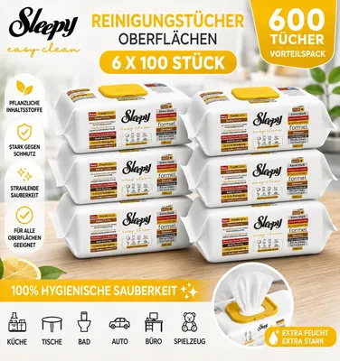 Produktbild von Sleepy Easy Clean Zitrone / Lemon 6er Set – Oberflächenreinigungstücher – 600 Tücher