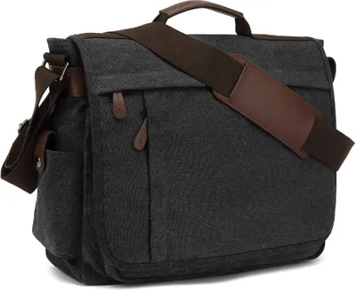 A dark gray messenger bag with brown leather accents and strap, shown from the front-left.