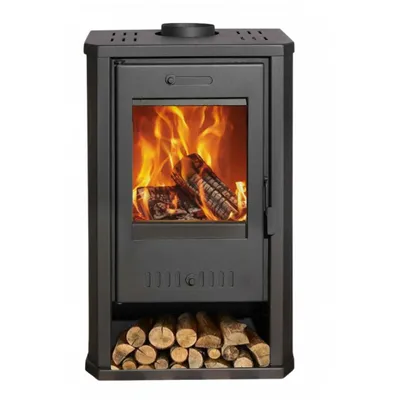 A black wood-burning stove with a glass door showing a fire and logs inside, and a storage area for logs at the bottom.