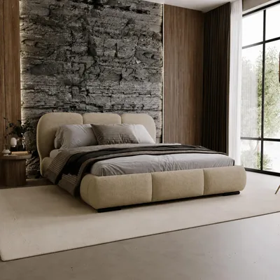 Produktbild von Chilly Möbel Design Bett Savona - Komfort Polsterbett mit weicher Form und Stauraum 160x200 cm / Metallrahmen / Bouclé / Dunkelbeige
