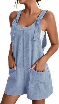 Produktbild von ASKSA Damen Jumpsuit Sommer Ärmellos Kurz Latzhose Playsuit Baggy mit Taschen Sommershort, Hellblau, M