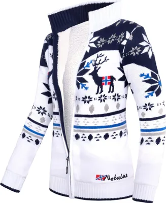 A white and navy knitted jacket with a reindeer and snowflake pattern, lined with white teddy fleece.