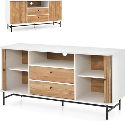 Produktbild von KOMFOTTEU Sideboard mit Schiebetüren, Buffetschrank mit 2 Schubladen & 1 offenem Regal, Kommode Holz mit Kippschutz, Fernsehschrank 150 x 45 x 74 cm