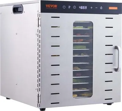Obrázok produktu pre 1000 W sušička z nehrdzavejúcej ocele, 300 x 280 mm, 10 sušiacich políc, 360° sušenie, regulácia teploty 30-90 °C, časovač 0,5-48 hodín, ochrana proti prehriatiu, brožúra s receptami na mäso, ovocie a zeleninu
