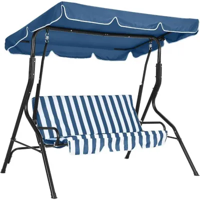 Immagine prodotto di Altalena da esterno per il giardino - Altalena Hollywood a 3 posti - Tetto regolabile - Cuscini imbottiti - Struttura in acciaio robusta - Ideale per terrazza e giardino - Colore: blu