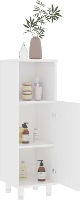 A white bathroom cabinet with shelves and products on display.