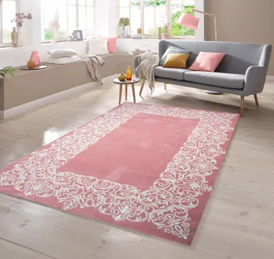 Produktbild von Designer Teppich mit Bordüre Pastellfarben Rosa Creme Größe - 140 x 200 cm