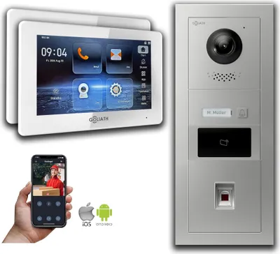 Produktbild von Goliath 2-Draht Video Türklingel mit Kamera Fingerprint RFID Silber : Aufputzdose : 7 Zoll in Weiß : 2 Monitore Anzahl: 2 Monitore Farbe: 7 Zoll in Weiß Montage: Aufputzdose