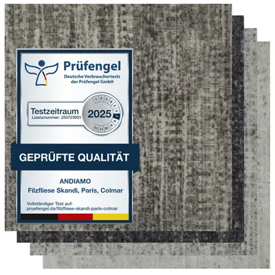 Filzfliese grau gestreift mit Prüfengel-Siegel, Mustern in anthrazit, hellgrau, beige-grau.