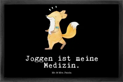 Produktbild von Mr. & Mrs. Panda Bodenvorleger Fuchs Joggen 50 x 75 cm - Schwarz - Geschenk, Dauerlauf, Schmutzmatte, Laufsport, Fußabstreifer, fußmatte, Laufen, Fußabtreter, Vorleger