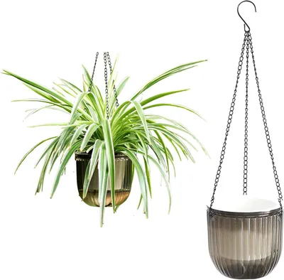 Obrázek produktu pro Sada 2 vintage závěsných květináčů, 16,5 cm, balkonové truhlíky – samozavlažovací průhledné květináče s háčky pro vnitřní i venkovní použití, na stůl, na zeď, na terasu a do zahrady, šedé