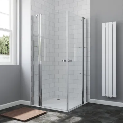 Produktbild von Duschkabine Eckeinstieg Schwingtüren an Festteilen Eckdusche mit Doppeltüren Pendeltüren Drehtüren Eckduschwand Glas mit Eckablage 6 mm Nanoglas Höhe 197 cm