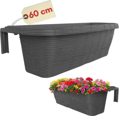 Produktbild von Blumenkasten Balkon Balkonkasten mit Halterung Pflanzkasten Balkongeländer Blumenkasten Rattan Optik Balkonkasten mit Wasserspeicher Geländerkasten Anthrazit 60
