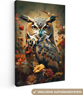 Produktbild von OneMillionCanvasses® - Leinwandbilder - 90x140 cm, Eule - Vogel - Blumen - Botanisch, Wandbilder Kunstdruck Wanddekoration - Foto auf Leinwand - Gemälde auf Holzrahmen - Wandschmucke - Schlafzimmer