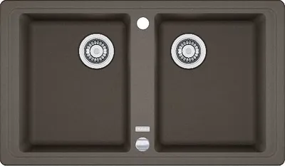 A top-down view of a double kitchen sink.