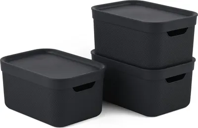 Immagine prodotto di Set di 3 scatole decorative con coperchio, 5 l, in plastica (PP riciclato), nero, 3x5 l (26,5 x 18,5 x 20 cm)