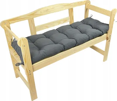 A wooden bench with a gray cushion on a white background.